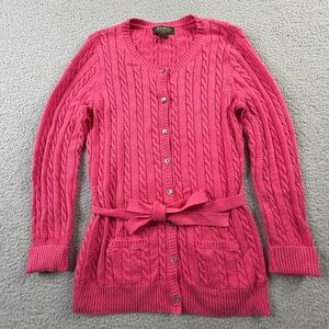 Eddie Bauer Cable Knit Cardigan Sweater Womens L Button Front Tie Waist Pink